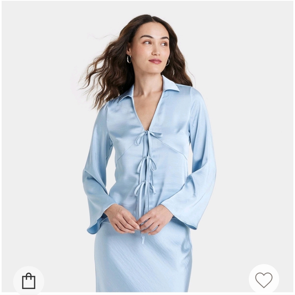 a new day Woman's Ling Sleeve Tie Blouse ~ Light Blue